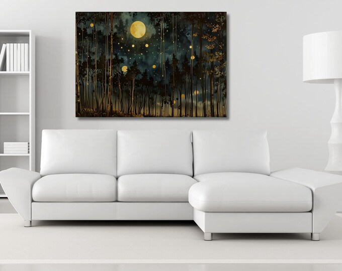 Foggy Mountain Full Moon Canvas Art, Klimt Style Print