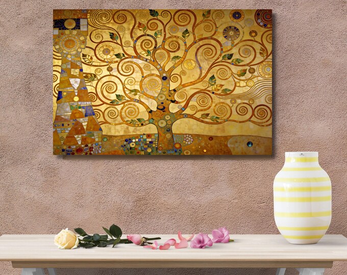 Klimt Style Tree of Life Canvas Art, Gold Abstract Mural, Art Nouveau Decor Print