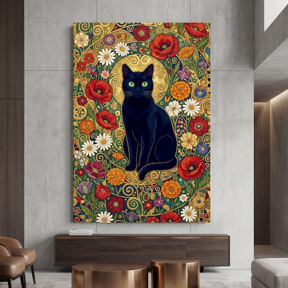 Klimt Style Cat Canvas Wall Art – Golden Art Nouveau Animal Decor Print