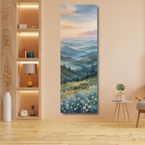 Long Narrow Wall Art,Smoky Mountains Painting, Spring Flowers Canvas, Landscape Wall Art Print, Nature Home Decor, Mountain Wall Hangings