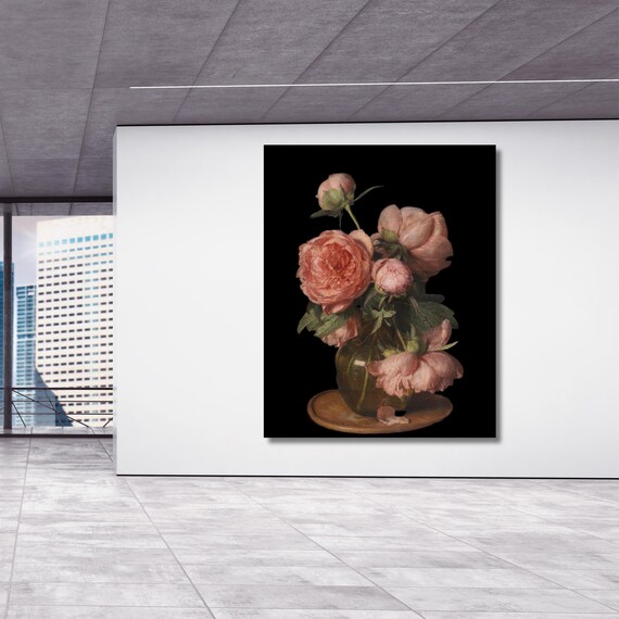 Vintage Peonies Flower in Vase Canvas Wall Art Eduard von Grützner Style Elegant Classical Floral Still Life Print for Traditional Home Deco