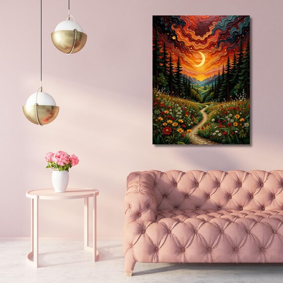 Night Crescent Wildflower Canvas Art, Klimt Inspired Botanical Moon Print, Dreamy Floral Wall Decor for Bedroom, Living Room Boho Art