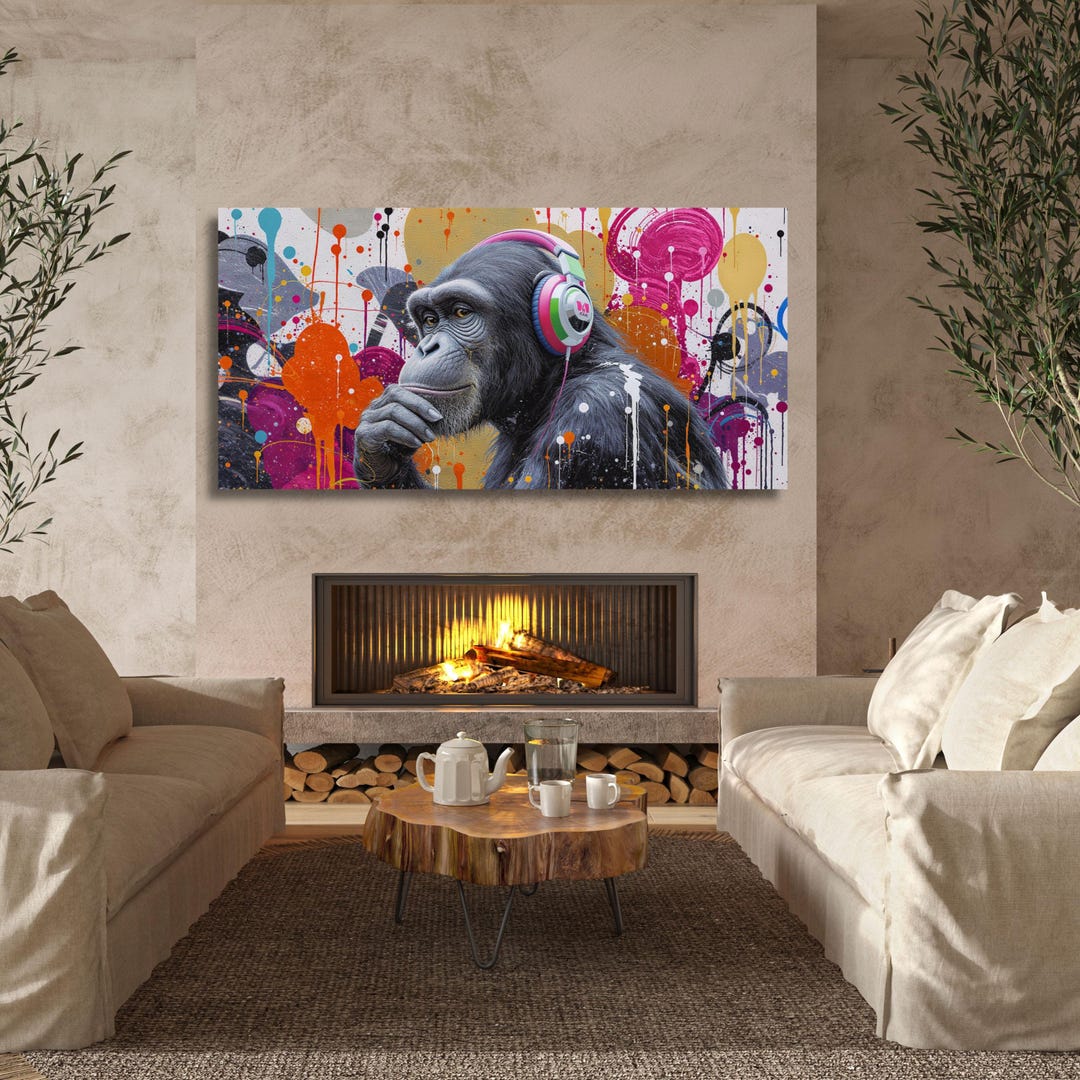 Banksy DJ Monkey Canvas Wall Art, Graffiti Music Thinker Gorilla