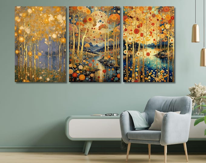 Set of 3 Gustav Klimt Style Gold Night Canvas Art: Moon, Stars, Flowers