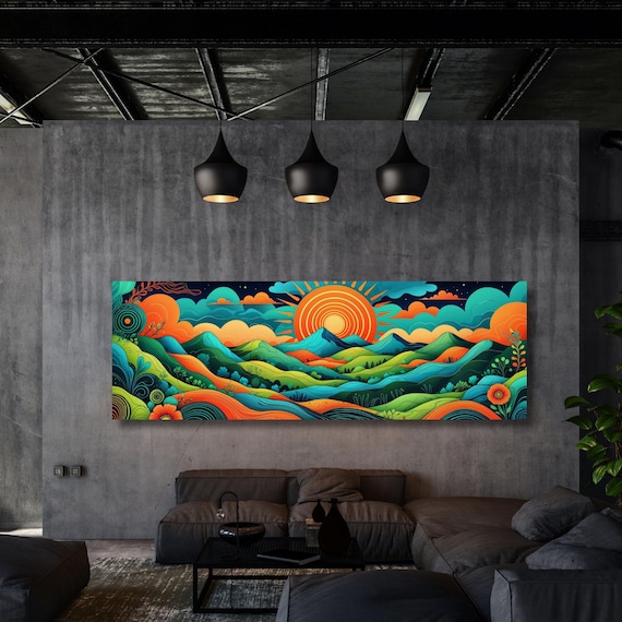 Panoramic Landscape Canvas Wall Art, Framed Canvas Japanese Style Mid Century Exhibition Japandi Print,  Large Modern Living Room Decor art