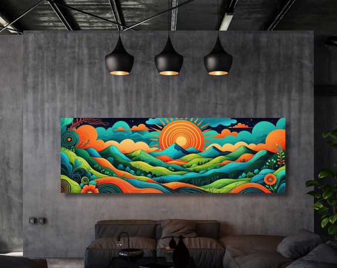 Panoramic Landscape Canvas Wall Art, Framed Canvas Japanese Style Mid Century Exhibition Japandi Print,  Large Modern Living Room Decor art