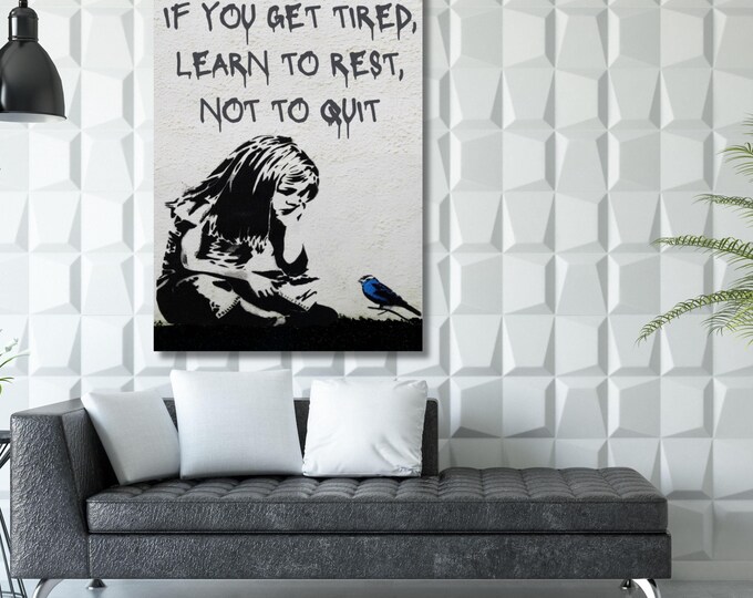 Girl and her friend bird Canvas Wall Art, Banksy Street Art, Trendy Wall Decor Christmas Gift Banksy Wall Art, Graffiti Wall Art Gift Canvas