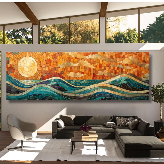 Panoramic Mosaic view Sea Sun Canvas Art Famous Art,Large Wall Art, Minimalist Canvas Art, abstract sea scape Wall art Waves Line Art Beach