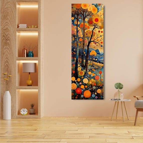 Klimt Style Long Canvas Wall Art, Vertical Waterfall Landscape Painting, Impressionist Forest and Mountain Decor, Tall Narrow Canvas Print