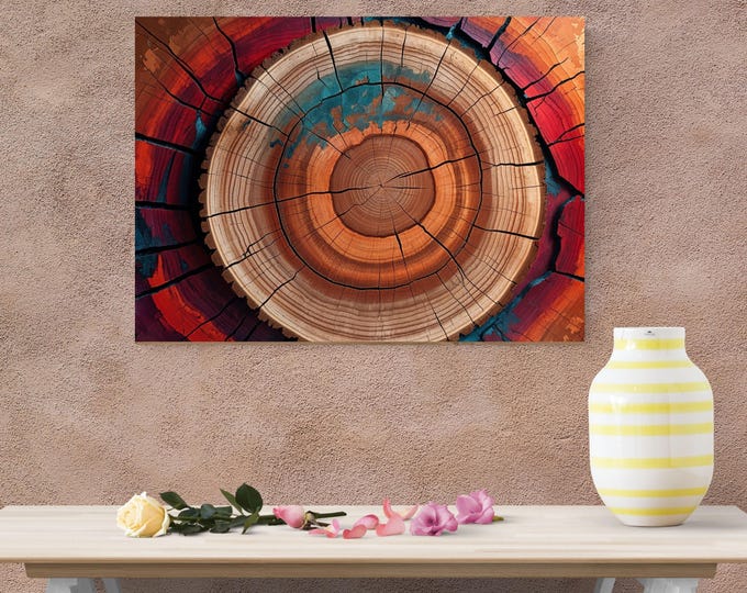 Tree Ring Wood Canvas Art, Natural Texture Wall Print, Colorful Stump Texture Poster