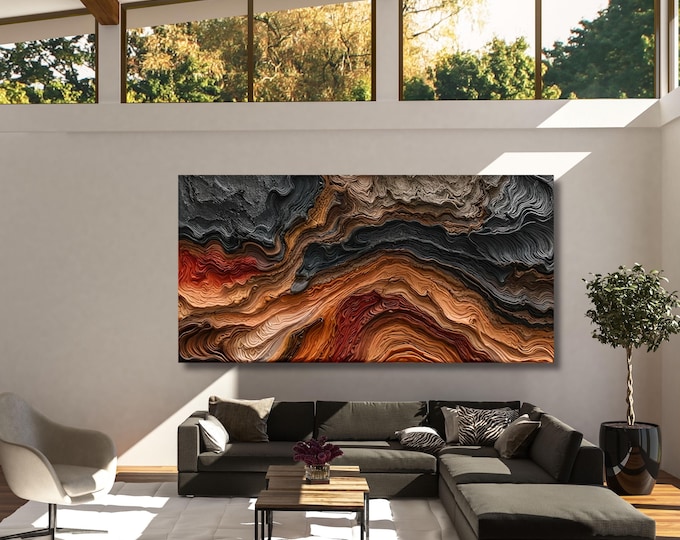 Natural Wood Texture Print Rustic Earthy Large Painting Elegant Modern Wall Decor Housewarming Gift art Abstract Waves Canvas Wall Art Ring