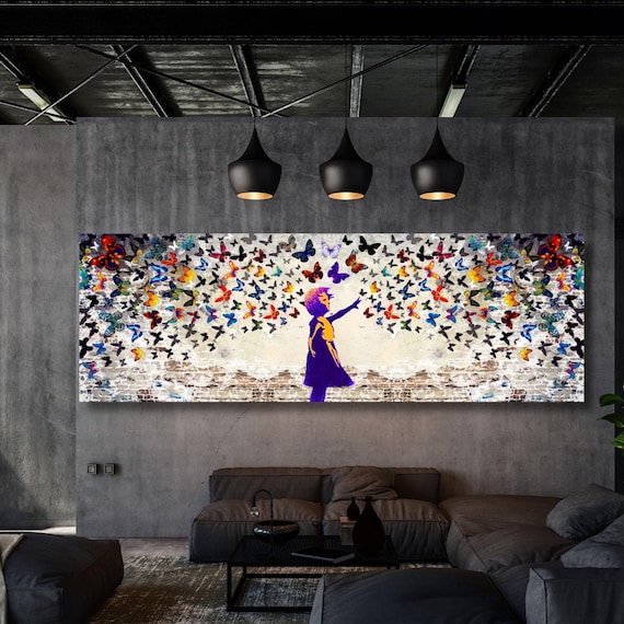 Panoramic Banksy Wall Art, Graffiti Wall Art, Colorful Butterfly Girl Canvas Wall Art, Banksy Street Art, Trendy Wall Decor, Christmas Gift