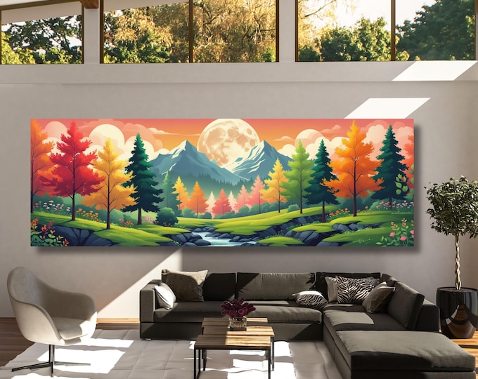 Full Moon Wildflower Canvas, Forest Landscape Wall Art, Klimt Inspired Woodland Scene