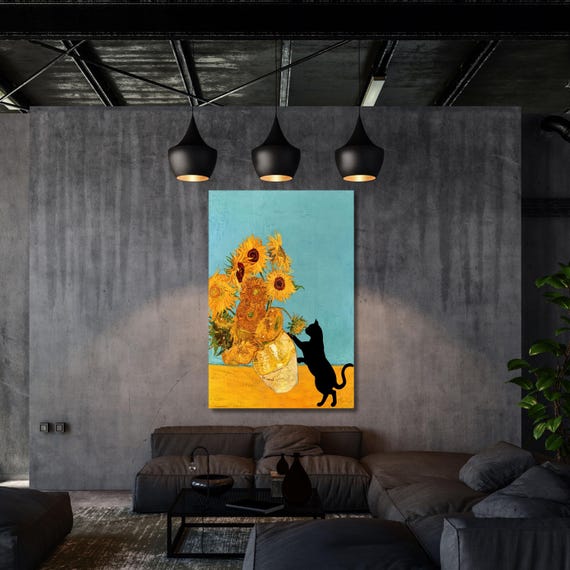 Funny Cat Canvas Print – Van Gogh Sunflowers Still Life Art