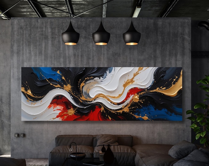 Panoramic Abstract Canvas Art, White Yellow Blue Marble, Contemporary Luxury Decor