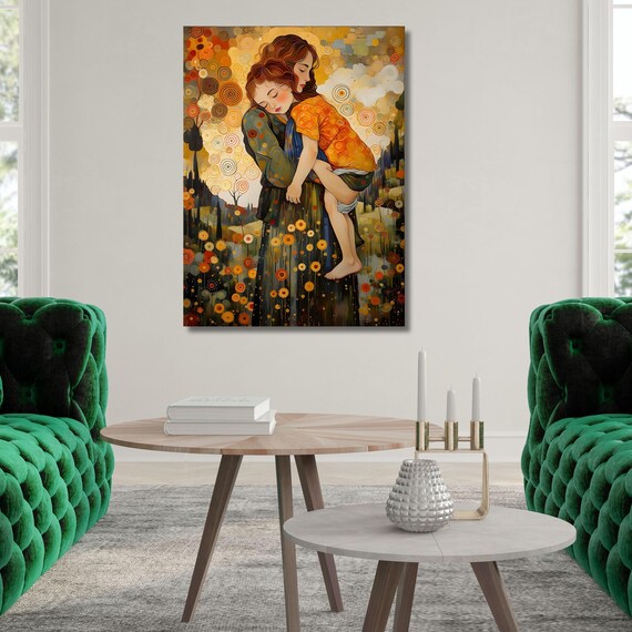 Gustav Klimt The Mother and Child Ready To Hang Canvas,Museum Prints Canvas Wall Art,Gustav Klimt Canvas Print Flower Garden Flower Market