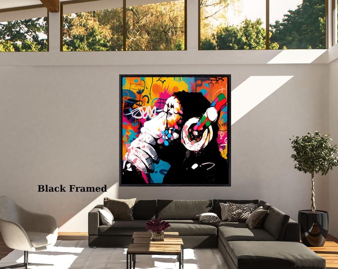 Banksy DJ Monkey Canvas Wall Art Banksy Thinking Square Monkey Music Thinker Graffiti Wall Art Extra Large Wall Art Gorilla Chimp Square