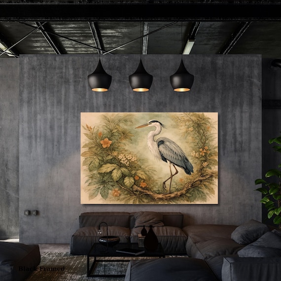 William Morris Style Blue Heron Canvas Art, Vintage Botanical Heron Wall Decor, Arts and Crafts Movement Bird Painting, Large Nature Mural