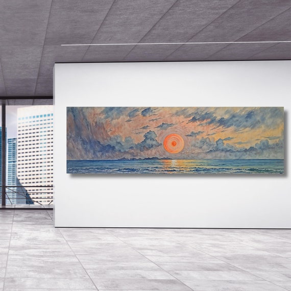 Panoramic Sunset over the Emerald Green Ocean Canvas Wall Art,Boho Wall Art Minimal Horizontal Wall Art Vintage Sunset Painting Sunset Print