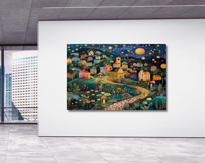 Klimt Style Whimsical Night Village Canvas Wall Art – Moonlit Forest Landscape Fantasy Decor