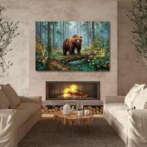 Lienzo decorativo con diseño de oso sobre la chimenea, arte de vida silvestre de gran tamaño para la sala de estar, póster de oso grizzly entre flores, decoración de pared horizontal con paisaje