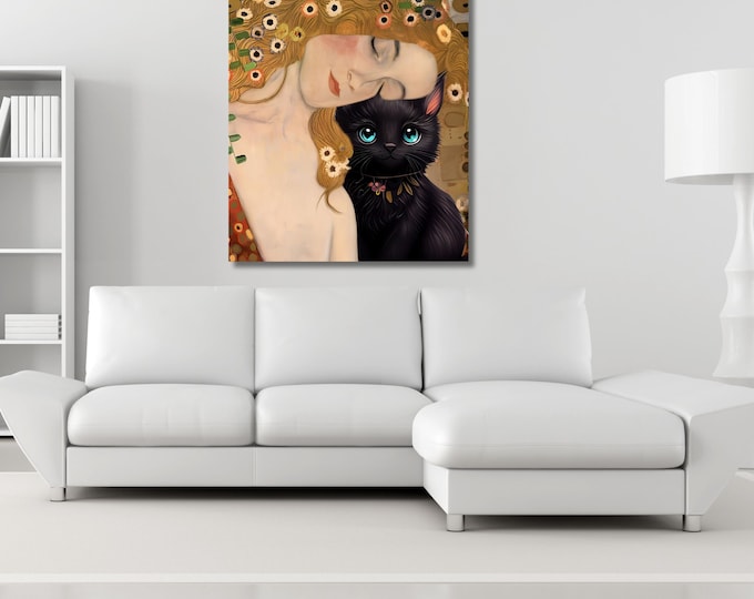 Gustav Klimt Inspired Mother and Cat Canvas – Whimsical Art Nouveau Style Wall Art – Cozy Decorative Print for Home or Nursery poster canvas