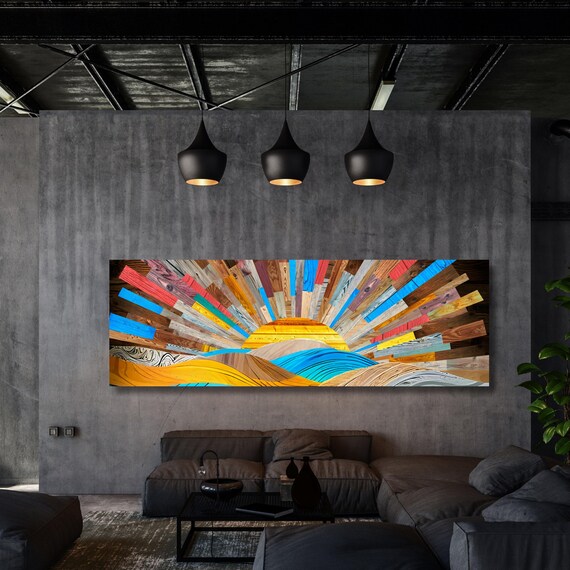 Boho Sunrise Canvas Wall Art – Wood Look Sun Print for Bedroom or Office – Natural Above Bed Decor – Earthy Bohemian Home Gift Print art
