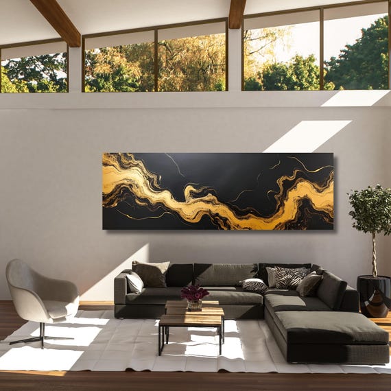 Panoramic Abstract Canvas Wall art, White Yellow blue Marble Canvas, Luxury Art, Abstract Decor, Abstract wall art Canvas, Contemporary Art