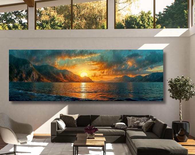 Panoramic Sunset Ocean Canvas Wall Art, Boho Minimal Horizontal Vintage Print