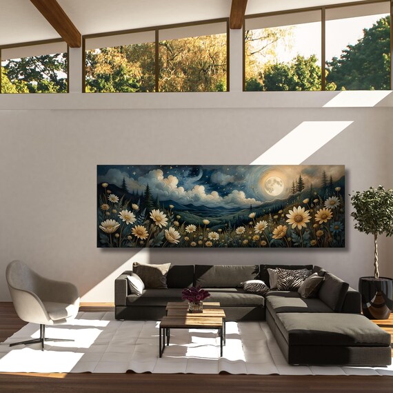 Full Moon Wildflower Canvas, Flower Garden Flower Market canvas, Moonlit Pine Tree Forest wall Art, Rustic Mountain Art, Woodland Klimt Gift