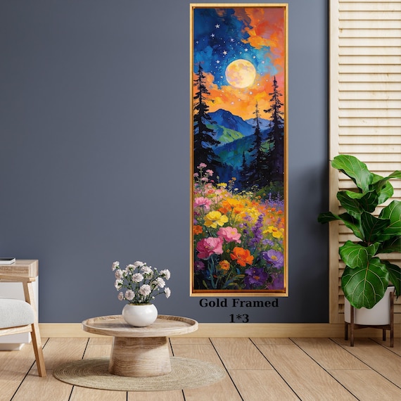 Panoramic Boho Mountain Landscape Canvas Wall Art, Framed Canvas Japanese Style Mid Century Exhibition Large Modern Living Room Decor