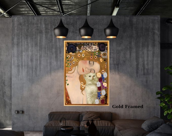 Gustav Klimt Inspired Mother and Cat Canvas – Whimsical Art Nouveau Style Wall Art – Cozy Decorative Print for Home or Nursery poster canvas