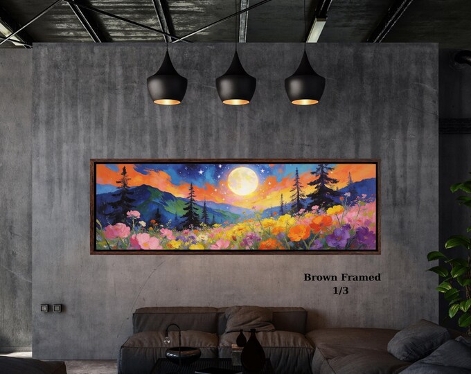Panoramic Sun Landscape Canvas Art, Japanese Mid Century Japandi Print, Living Room Decor