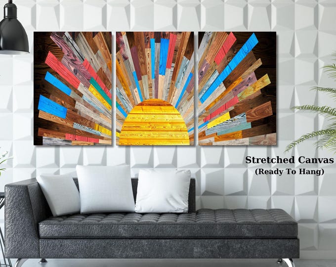 Set of 3 Wood Sunrise Wall Art, Above Bed Decor, Canvas Bedroom Hanging