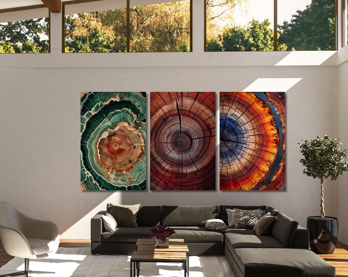 Set of 3 Tree Ring Canvas Art, Colorful Abstract Wall Decor (Digital Download)