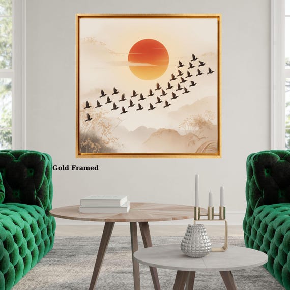 Sage Moon Japandi Canvas Wall Art, Flock of Birds Framed Print, Japanese Rising Sun Canvas, Square Oriental Wall Decor for Living Room gift