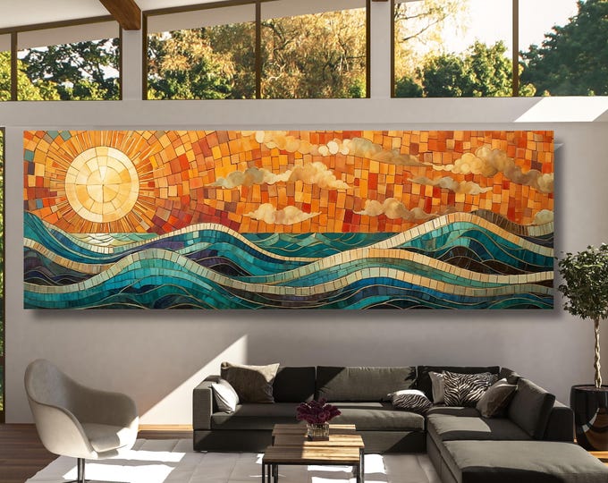 Panoramic Mosaic Sea Sun Canvas Art, Abstract Waves Beach Wall Art