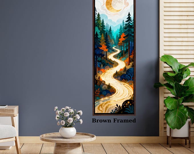 Narrow Vertical Canvas Wall Art - Modern Tree and Mountain Scene
