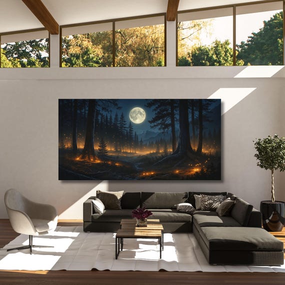 Mountain full moon Canvas Wall Art Firefly Klimt Print, Klimt Canvas Poster, Gustav Klimt Poster, Klimt Panoramic foggy Canvas Wall Art gift