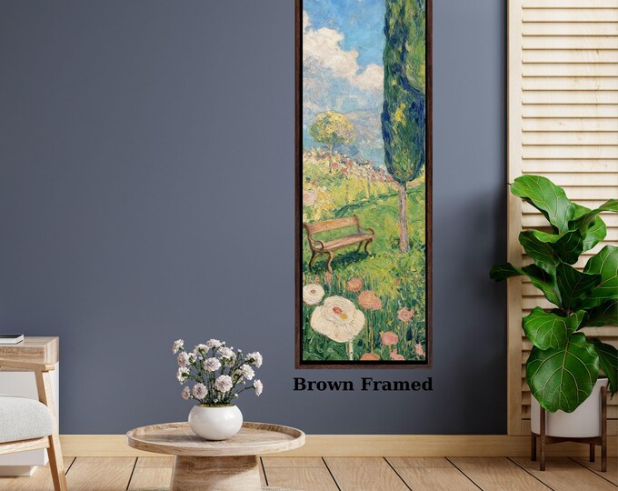 Klimt Style Wildflower Garden Tall Narrow Canvas, Botanical Nature Wall Art, Rustic Floral Vertical Print for Hallway or Bedroom art gift