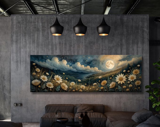 Full Moon Wildflower Canvas Art, Moonlit Forest Landscape, Rustic Mountain Wall Decor