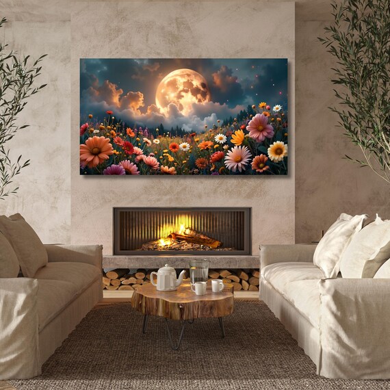 Full Moon Wildflower Canvas, Flower Garden Flower Market canvas, Moonlit Pine Tree Forest wall Art, Rustic Mountain Art, Woodland Klimt Gift