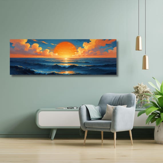 Sunset Panoramic Wall Art,Warm Sun Canvas Print,Minimalist Sunset Wall Decor,Boho Landscape Canvas, Nature Sun Art for Living Room Wall art