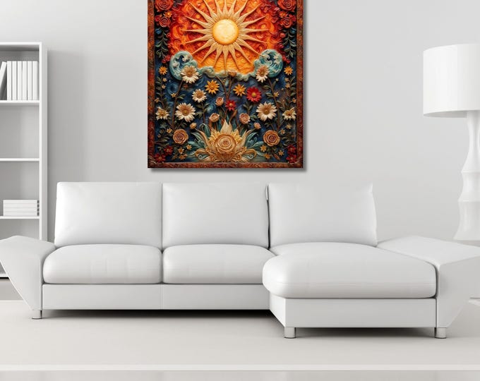 Mystical Sun Moon Stars Canvas Wall Art, Boho Gaia