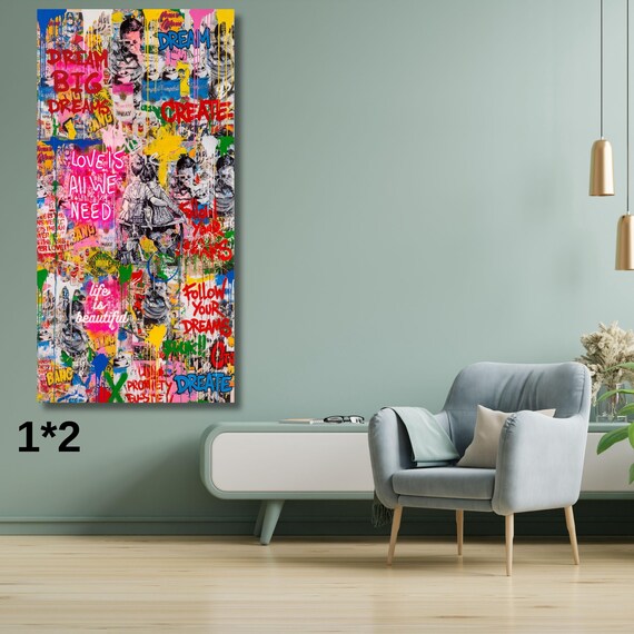 Long Narrow Wall Art Banksy & Pop Art Style Canvas, Motivational Graffiti Wall Art, Life is Beautiful Street Art, Love is All We Need Print