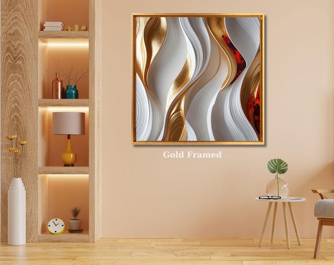 Abstract Gold and White Flow Canvas Art, Modern Wavy Wall Decor, Elegant 3D Look Fluid Painting