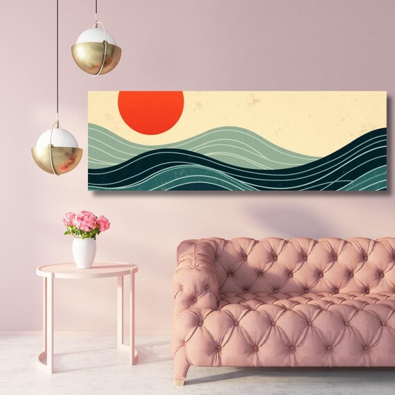 Panoramic abstract sea scape Canvas Art Famous Art,Large Wall Art, Minimalist Canvas Art, Sea Sun Wall art Waves Line Art Beach House Decor