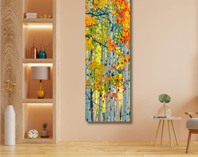 Aspen Birch Tree Forest Canvas Print Autumn Leaves Nature Panoramic Vertical Wall Art