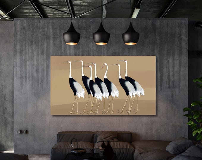 Japanese Minimalist Crane Wall Art – Mid Century Neutral Boho Bird Canvas Print