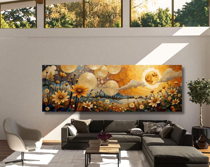 Klimt Inspired Full Moon Wildflower Canvas Art, Moonlit Forest Mountain Wall Decor